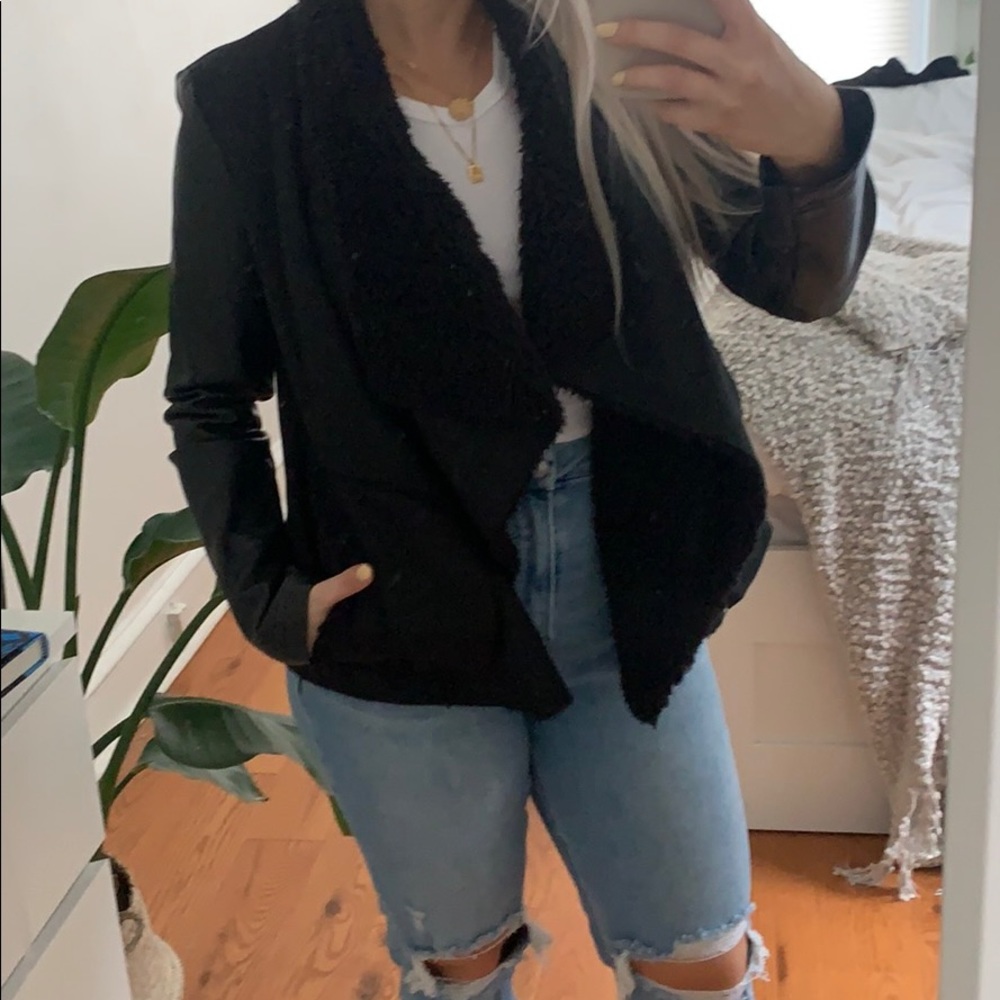 Black faux leather and fur drape jacket